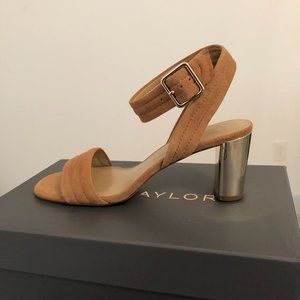 Tan suede metallic block heel sandals
